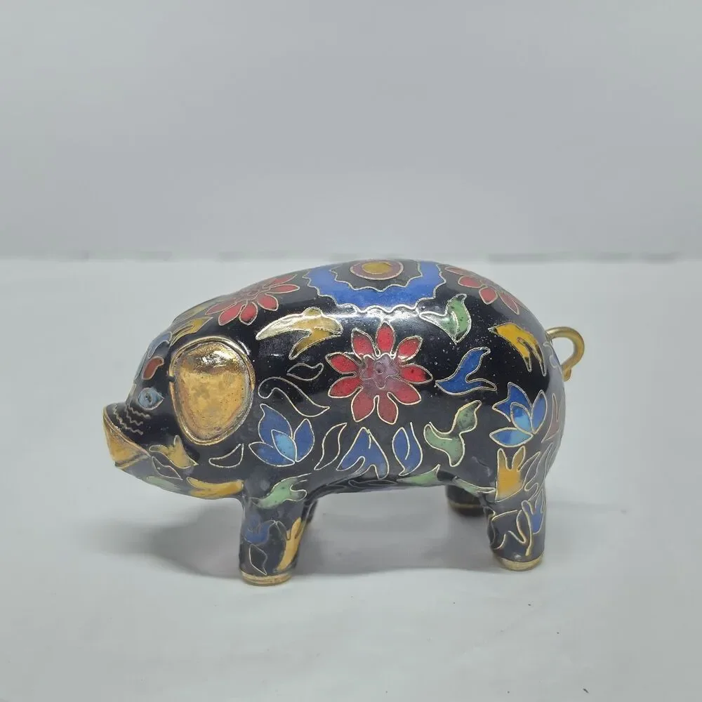 Vintage Cloisonne Pig Brass Enamel Figurine Floral Multicolor Traditional
